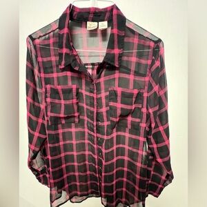 MUDD SHEER WOMEN’S BLACK & PINK PLAID LONG SLEEVE BLOUSE   SIZE XL